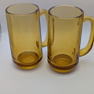 Vintage Hazel Atlas- Amber Brown Glass Stein Beer Mugs (Set Of 2)